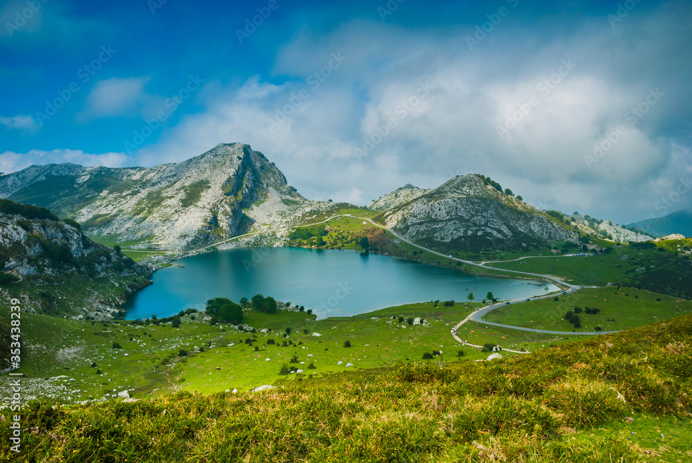 Lake Enol. The Lakes of Covadonga are composed of two glacial lakes located on the region of Asturias.  Picos de Europa range. Picos de Europa National Park. Asturias, Spain
