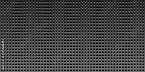 Black metal texture steel vector background. Perforated 3d sheet metal.Technology background with circle perforated carbon texture for internet sites, web user interfaces.