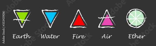 Water. Fire. Air. Earth. Ether. Alchemy vector icons. Vector illustration