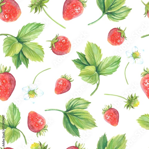 Watercolor strawberry seamless pattern\ print on the white background. 