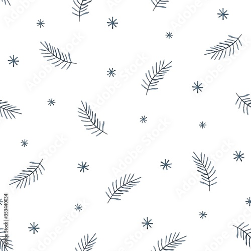 Christmas watercolor illustration. blue spruce branches and snowflakes on a white background. New Year seamless pattern for use in print and design.