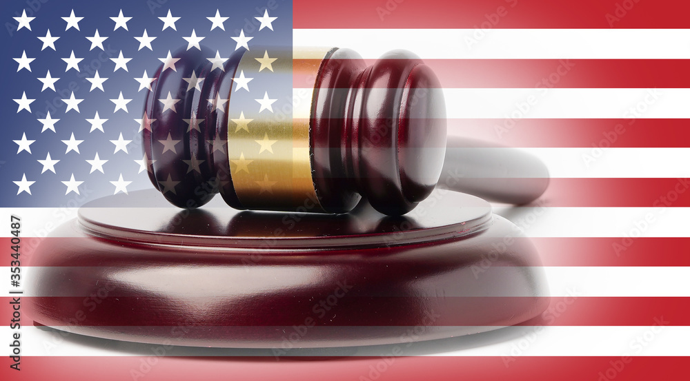 America USA flag and gavel for judge lawyer. Law and justice court concept.
