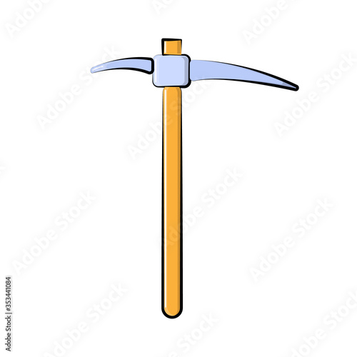 Construction, miner's blue icon of a metal pickaxe with a wooden handle for digging earth, ore, gold mining, and minerals for repair. Construction metalwork tool. Vector illustration