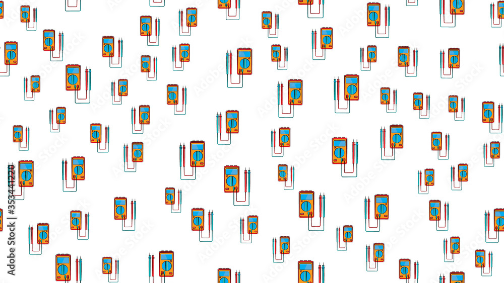 Texture, seamless pattern of red and yellow instruments for measuring the strength and voltage of electric current, multimeter, tester on a white background. Vector Texture, seamless pattern of red and yellow instruments for measuring the strength and voltage of electric current, multimeter, tester on a white background. Vector