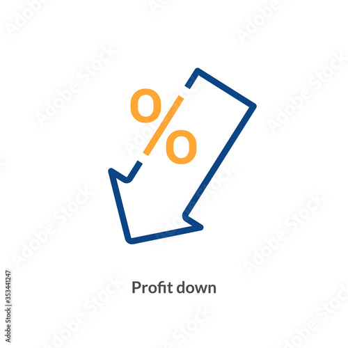 Low rate profit cost icon. Reduction cost decrease percent profit down sign