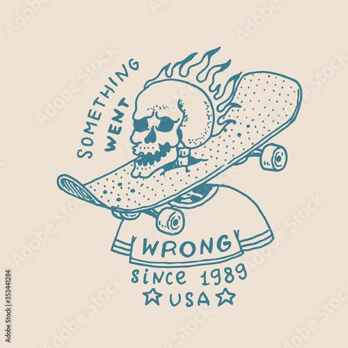 Burning skeleton with a skateboard on the neck. Label for typography. Vintage retro Ride on the boards concept. Template for t-shirt and logo. Hand Drawn engraved sketch for shop, skate club or tattoo