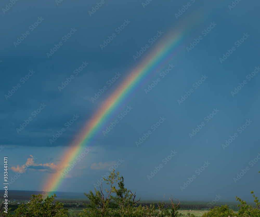spring real natural rainbow after rain isolated on a blue sky spring real natural rainbow after rain isolated on a blue sky