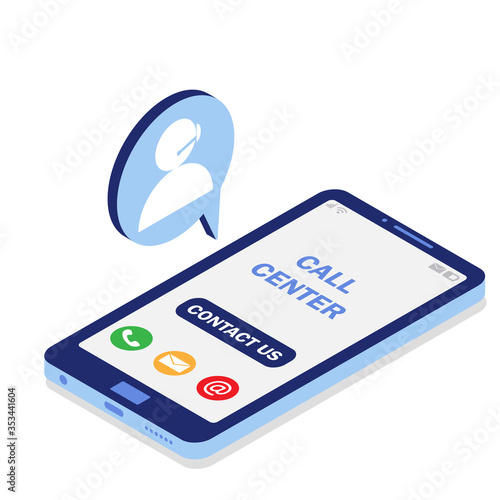 Messenger on the phone with a call center. Help online. Online service. Vector isometric illustration. Blue color.