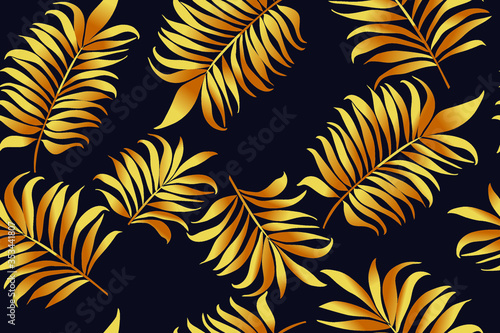  Tropical leaves on a black background, in yellow-orange tones.Branch. Bright, contrasting vector image. Seamless texture. Summer print. Illustration for wallpaper, textile, packaging, fabric.