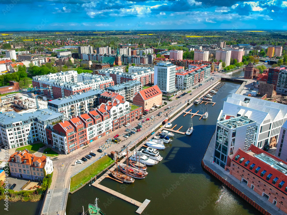 Aerial view of the old town in Gdansk with amazing architecture at summer,  Poland