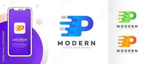 Letter P liquid abstract geometric logo design illustration. Fluid gradient elements. Mobile app UI style mock-up. Futuristic trendy dynamic company business logo design. Vector EPS template
