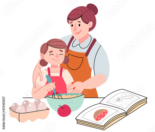 Mom and daughter are making a pie.Homemade food and little helper.Illustration for children's book. Cute Poster .
Scandinavian style .Minimalisn . Nature .
