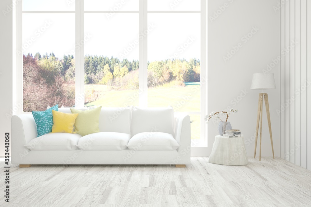 Fototapeta premium White living room with sofa. Scandinavian interior design. 3D illustration