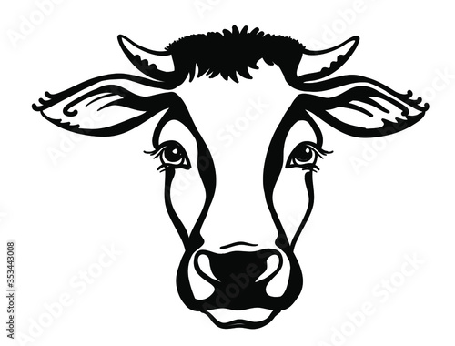 Cow head Farm animal. Vector black graphic illustration isolated on white. Cow portrait printable file