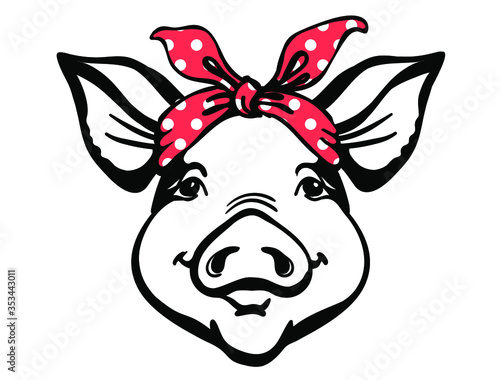 Pig head with red bandana. Farm animal. Vector graphic illustration isolated on white. Pig portrait printable file