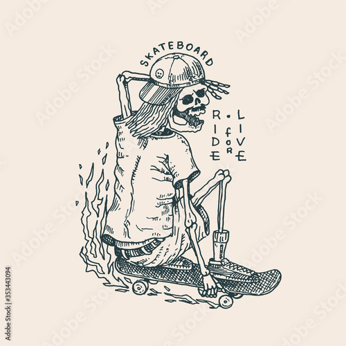 Skeleton on a skateboard label for typography. Vintage retro Ride on the boards concept. Template for t-shirt and logo. Hand Drawn engraved sketch for shop, skate club or tattoo.