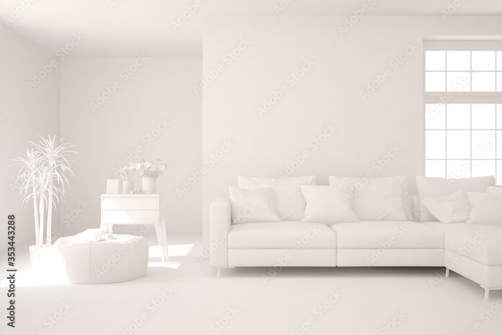 White minimalist living room with sofa. Scandinavian interior design. 3D illustration