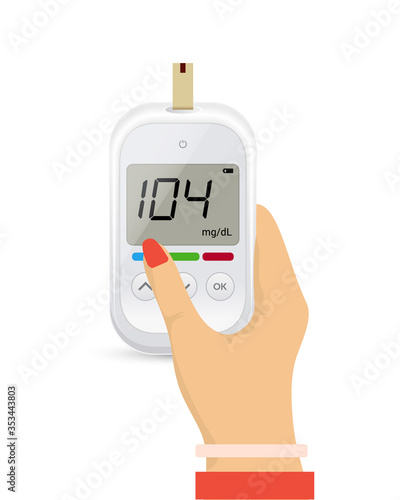 Glucose sugar test in hand icon. Glucometer vector blood monitor. Diabetes sugar meter insulin control device