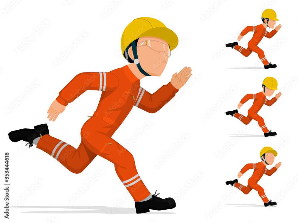 An industrial worker is running on white background