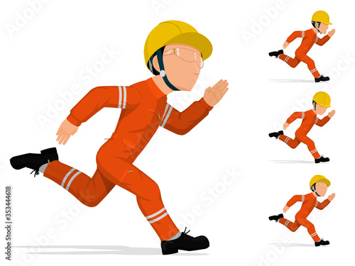 An industrial worker is running on white background