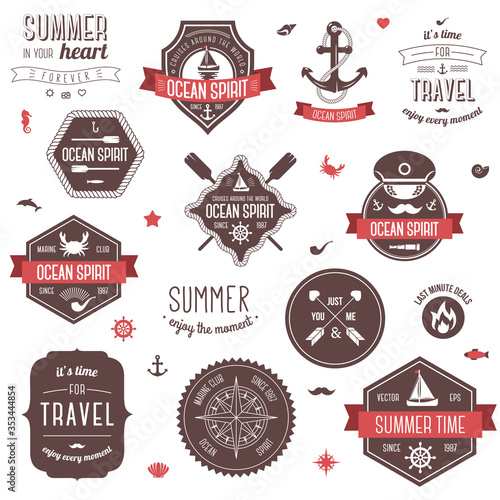 Summer and traveling vintage labels collection. Vector illustration. Marine symbols set.