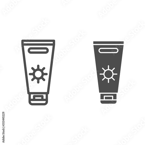 Sunblock cream line and solid icon, Summer concept, Sunscreen sign on white background, sun protection cream icon in outline style for mobile concept and web design. Vector graphics.