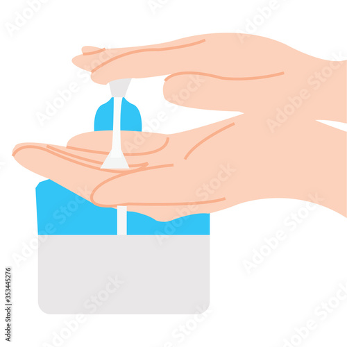 A Hand sanitizer pump color bottle, washing gel.Alcohol rub sanitizers kill most bacteria, fungi and stop some viruses such as corona virus. Hygiene product. Sanitizer full bottle with vector