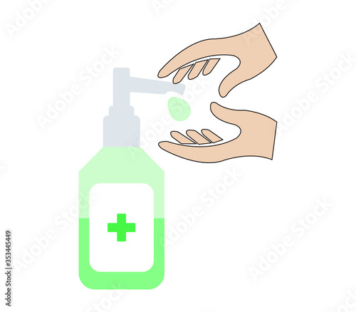 Hand and sanitizer pump color bottle, washing gel.Alcohol rub sanitizers kill most bacteria, fungi and stop some viruses such as corona virus. Hygiene product. Sanitizer full bottle with vector