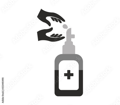 A Hand sanitizer pump color bottle, washing gel.Alcohol rub sanitizers kill most bacteria, fungi and stop some viruses such as corona virus. Hygiene product. Sanitizer full bottle with vector