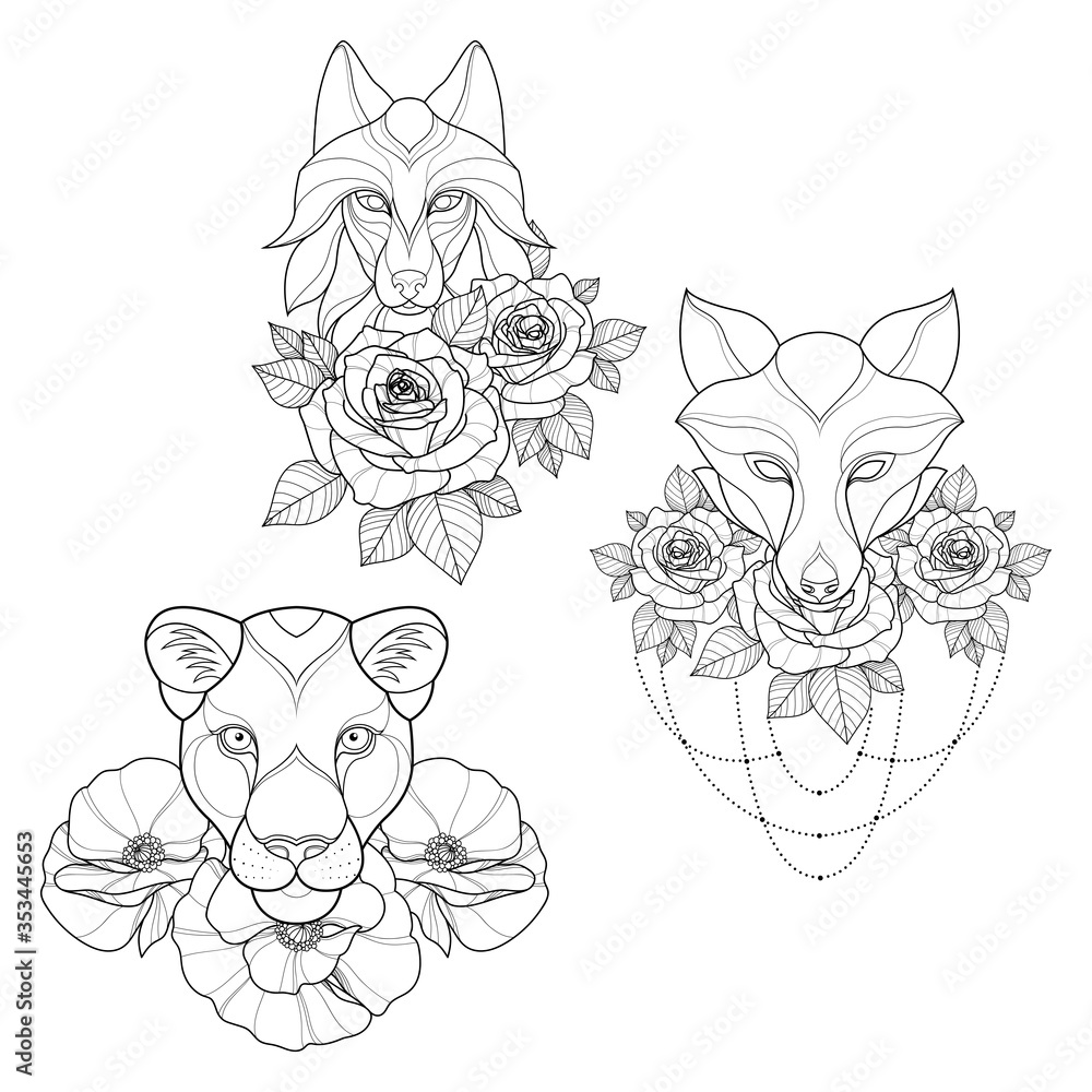 Set of three tattoo sketch with wolf, fox, panther and flowers for Henna  drawing and tattoo template. Animal tattoo. Vector illustration Stock  Vector | Adobe Stock