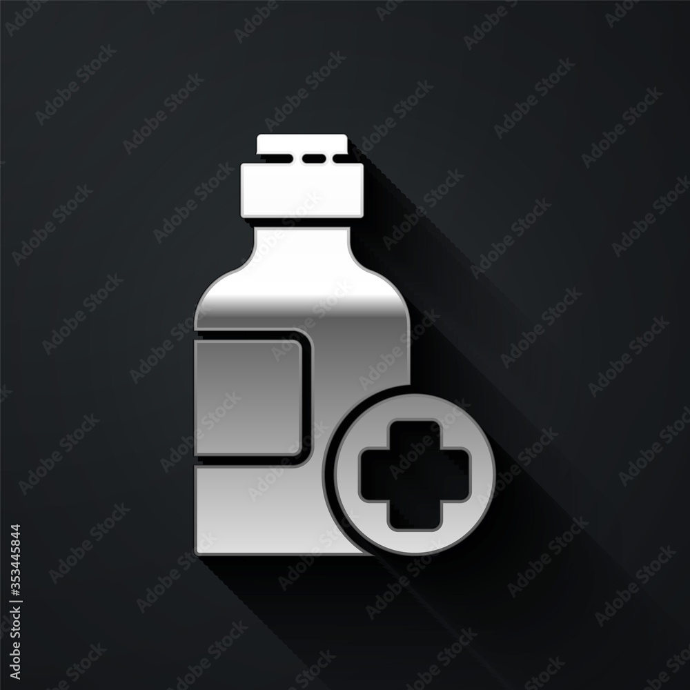 Obraz premium Silver Bottle of medicine syrup icon isolated on black background. Long shadow style. Vector Illustration.