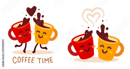 Vector romantic set of illustration of yellow and red happy character coffee cup with heart on white background. Coffee time concept.