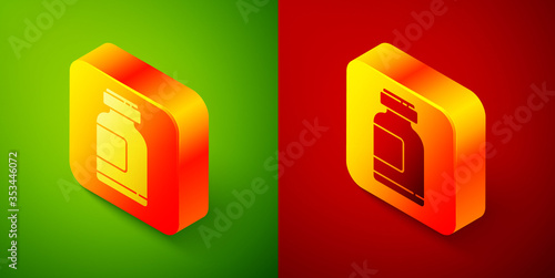 Isometric Sports nutrition bodybuilding proteine power drink and food icon isolated on green and red background. Square button. Vector Illustration.