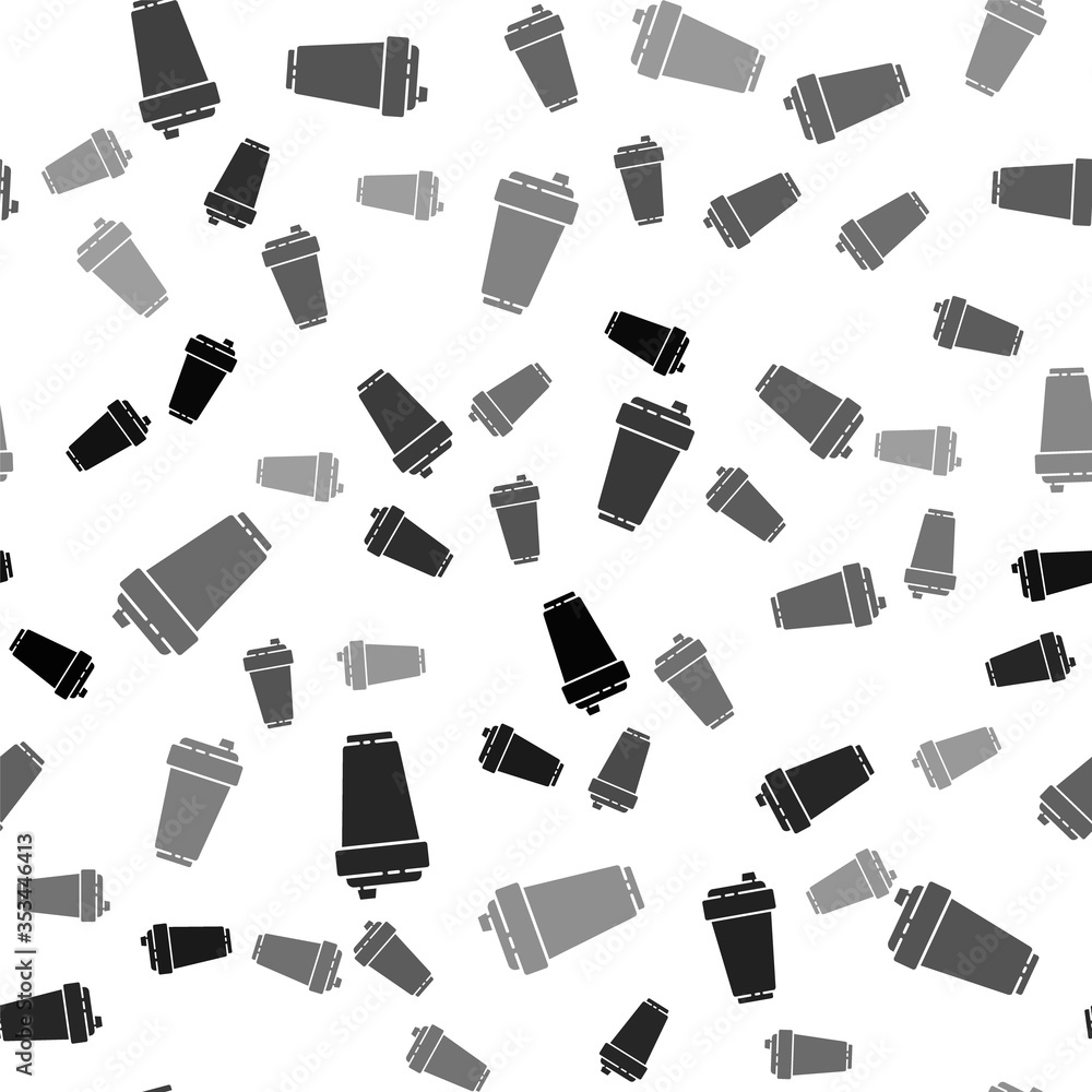 Black Fitness shaker icon isolated seamless pattern on white background. Sports shaker bottle with lid for water and protein cocktails. Vector Illustration. Black Fitness shaker icon isolated seamless pattern on white background. Sports shaker bottle with lid for water and protein cocktails. Vector Illustration.