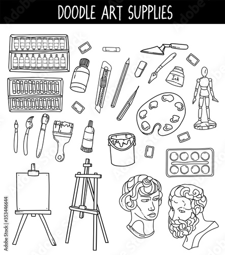Doodle illustration art supplies for concept design. Creative art concept. Education object: plaster heads, Watercolor, brushes and more.