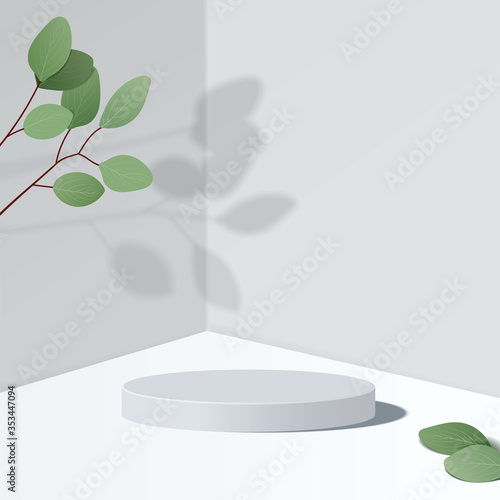 Abstract minimal scene with geometric forms. cylinder white podium in white background with leaves. product presentation, mock up, show cosmetic product, Podium, stage pedestal or platform. 3d vector