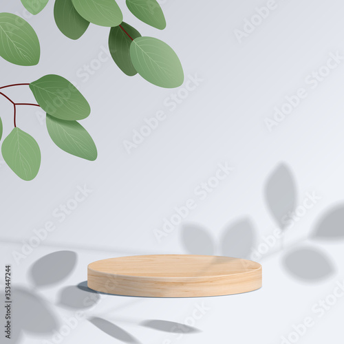 Abstract minimal scene with geometric forms. cylinder wood podium in white background with leaves. product presentation, mock up, show cosmetic product, Podium, stage pedestal or platform. 3d vector