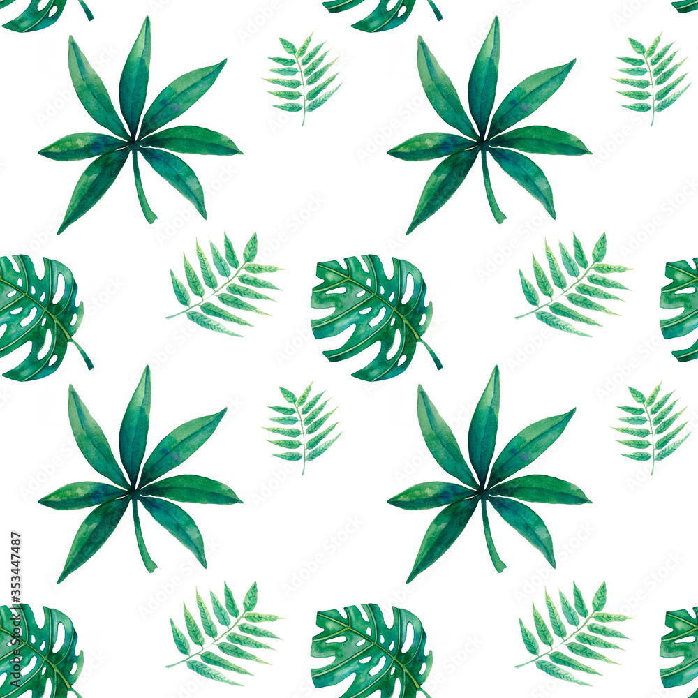 Seamless pattern with monstera and palm leaves. Suitable for wallpaper, fabric. Watercolor stock illustration