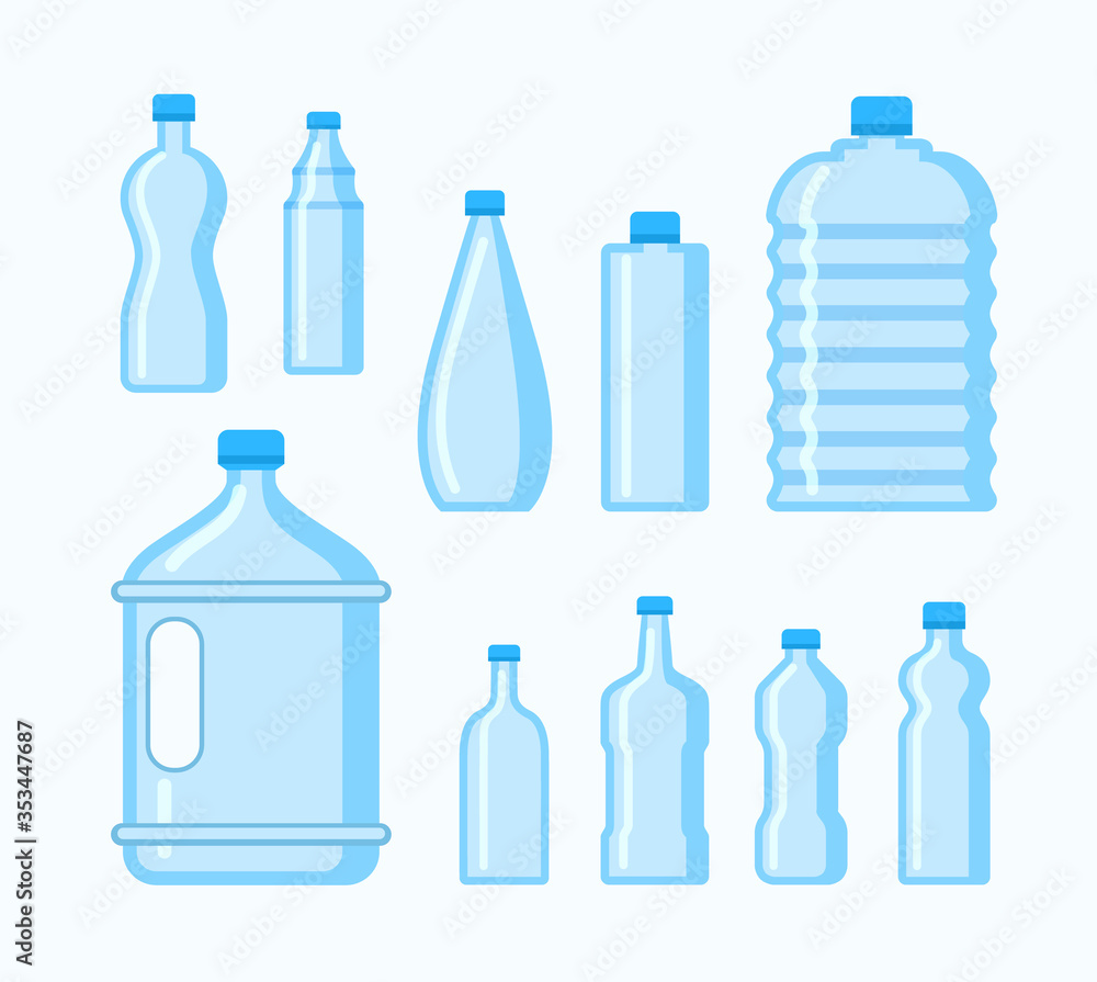 Plastic water bottle icon. Blue liquid container drink, bottle silhouette set. Water cartoon bottles Plastic water bottle icon. Blue liquid container drink, bottle silhouette set. Water cartoon bottles