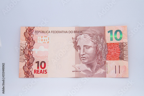 ten reais banknote (Brazilian currency) on a white background photo