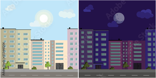 House vector. Day and night flat style modern buildings with skyline background.