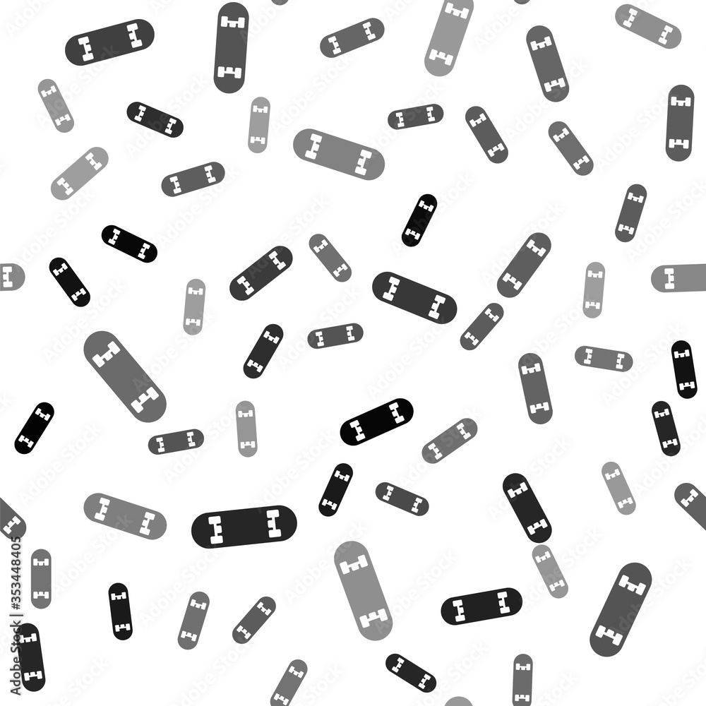Black Skateboard trick icon isolated seamless pattern on white background. Extreme sport. Sport equipment. Vector Illustration. Black Skateboard trick icon isolated seamless pattern on white background. Extreme sport. Sport equipment. Vector Illustration.