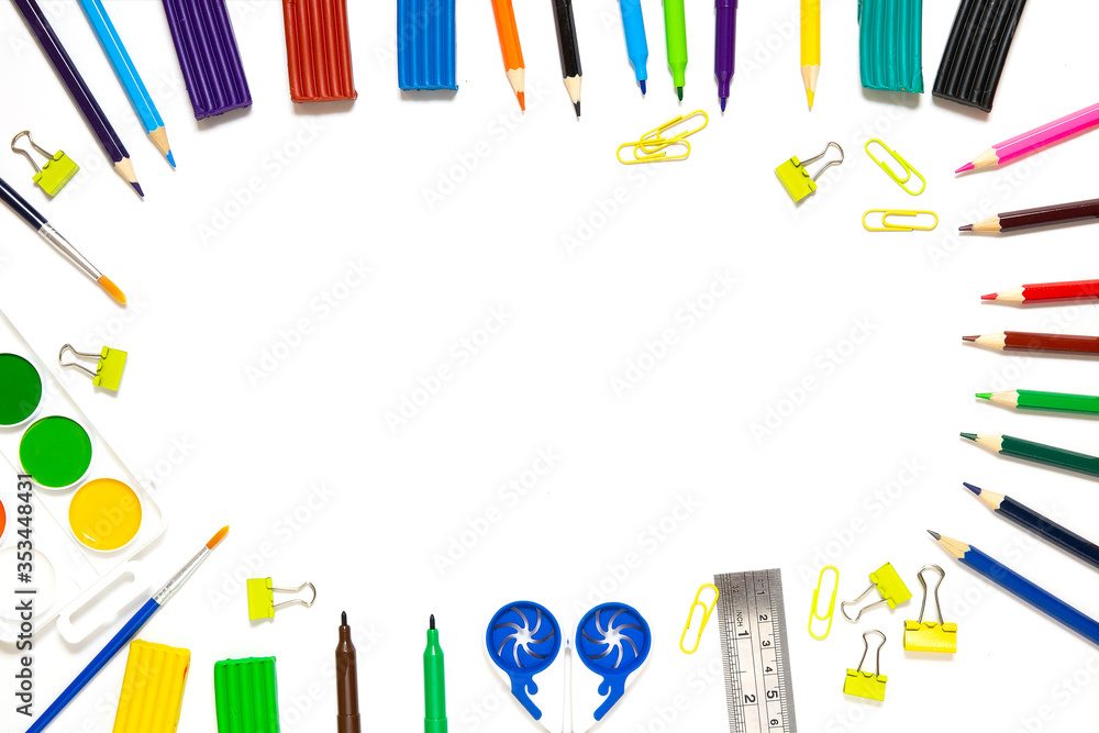 pencils, pens, paints, scissors, plasticine, brushes, on a white background. - obrazy, fototapety, plakaty 