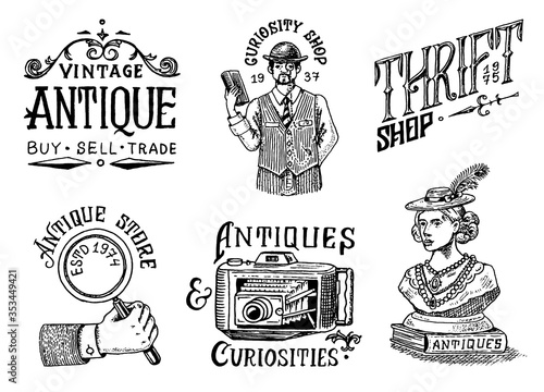 Antique shop labels or badges. Vintage Woman sculpture, camera and Magnifier, gentleman man. Old fashion. Hand Drawn engraved monochrome sketch. Victorian ancient logo for t-shirts and typography. 