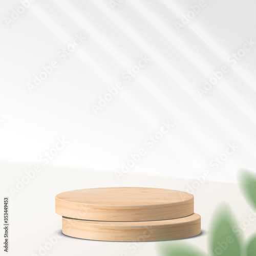 Abstract minimal scene with geometric forms. cylinder wood podium in white background with leaves. product presentation, mock up, show cosmetic product, Podium, stage pedestal or platform. 3d vector