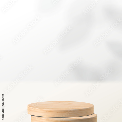 Abstract minimal scene with geometric forms. cylinder wood podium in white background with leaves. product presentation, mock up, show cosmetic product, Podium, stage pedestal or platform. 3d vector