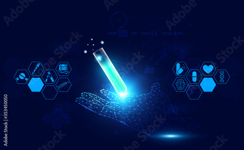 Abstract health medical science consist hand digital wireframe and Glass tube concept The invention of medicines by medical innovations And science.