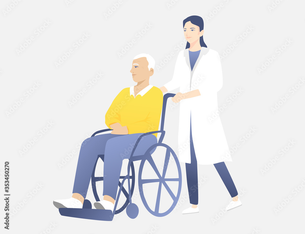 Young woman doctor pushing a wheelchair with an elderly handsome man. Light gray design. Help concept for medical staff. Young woman doctor pushing a wheelchair with an elderly handsome man. Light gray design. Help concept for medical staff.
