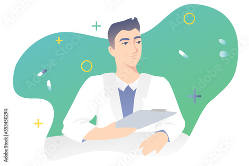 A handsome young pulmonologist doctor is sitting in an office. Medical staff concept, blue-green design.