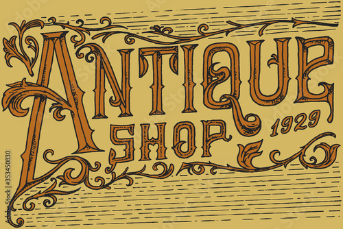Antique frame label. Vintage golden card. Shop badge. Victorian ancient western logo for t-shirt and typography. Hand drawn engraved old sketch.